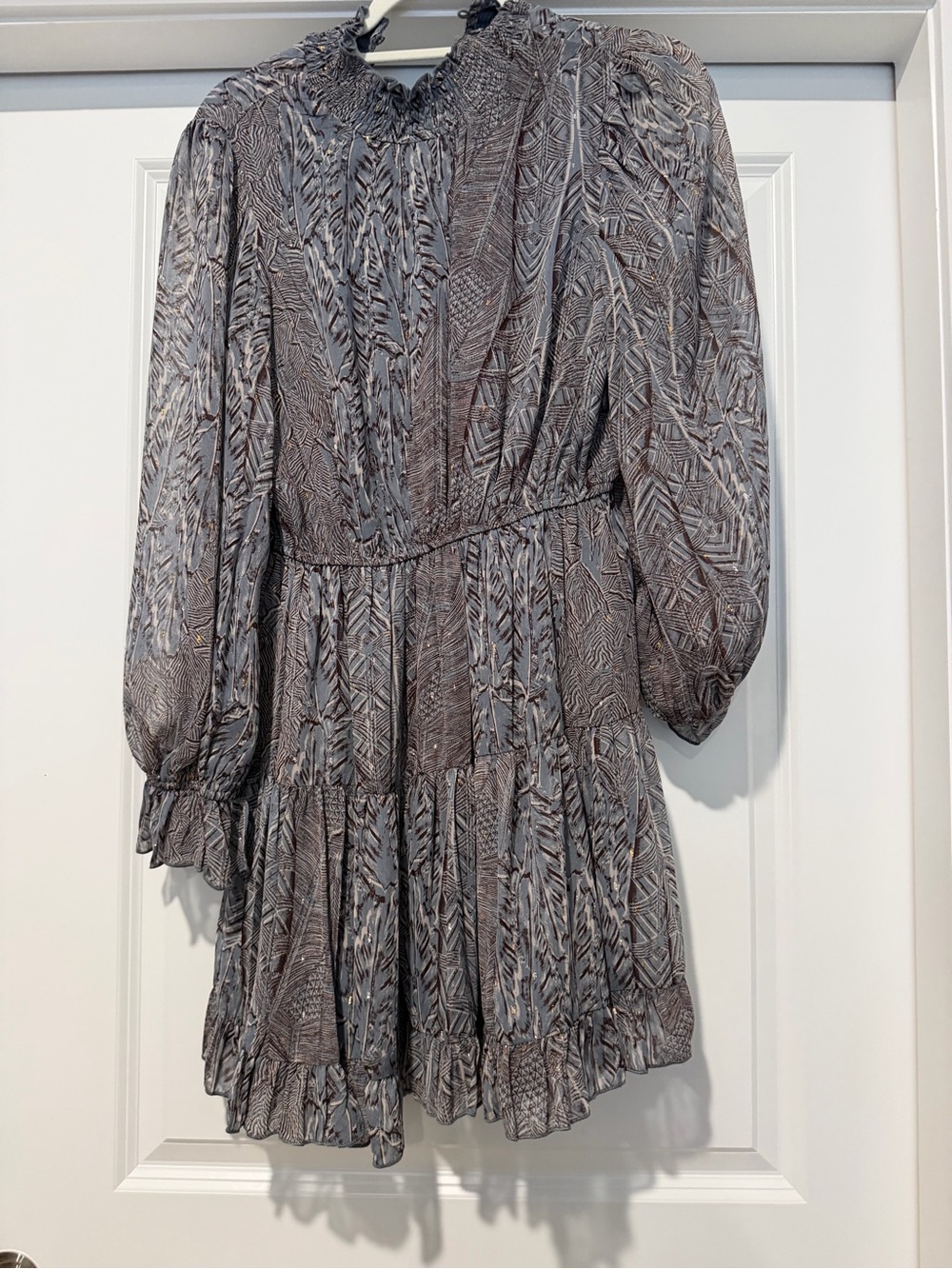 Aqua Gray Patterned Long Sleeve Mini Dress